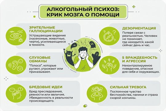 Инфографика, описывающая 6 ключевых симптомов алкогольного психоза